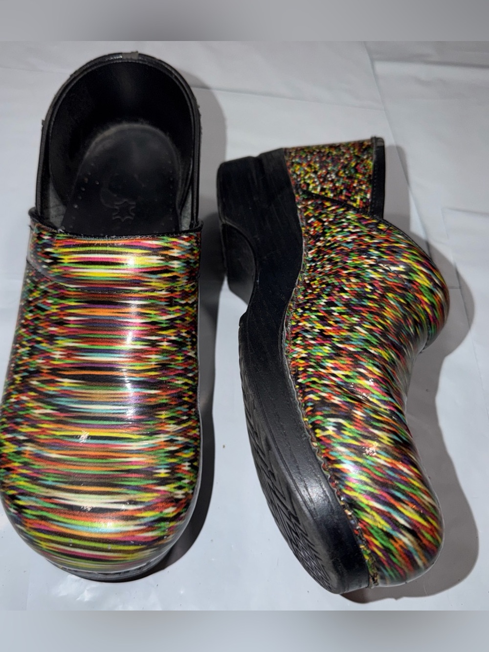 Dansko Women’s Size 40 US 9.5, 10 Colorful Striped Patent Leather Slip On Clogs